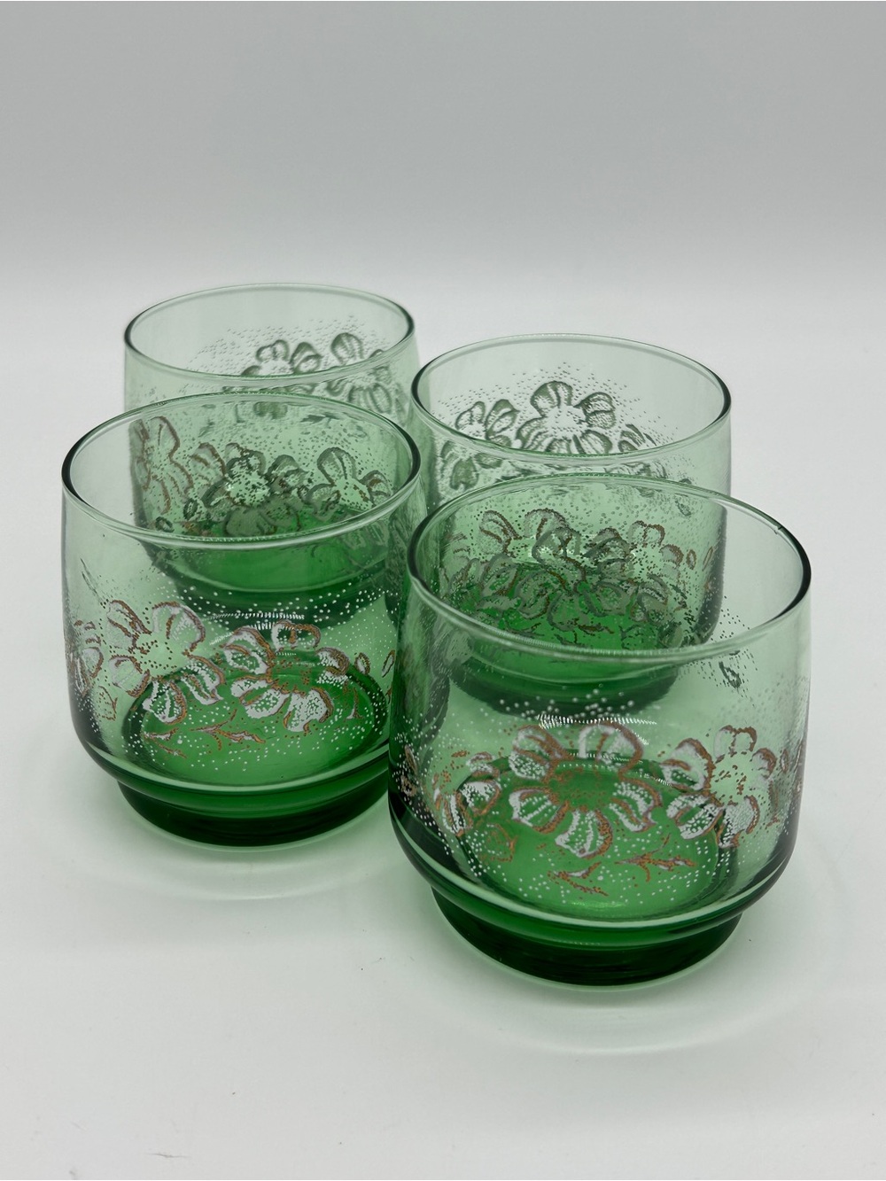 Vintage Dominion Glass Canada Green Floral Juice Glasses Swanky Swig Set 4pc
